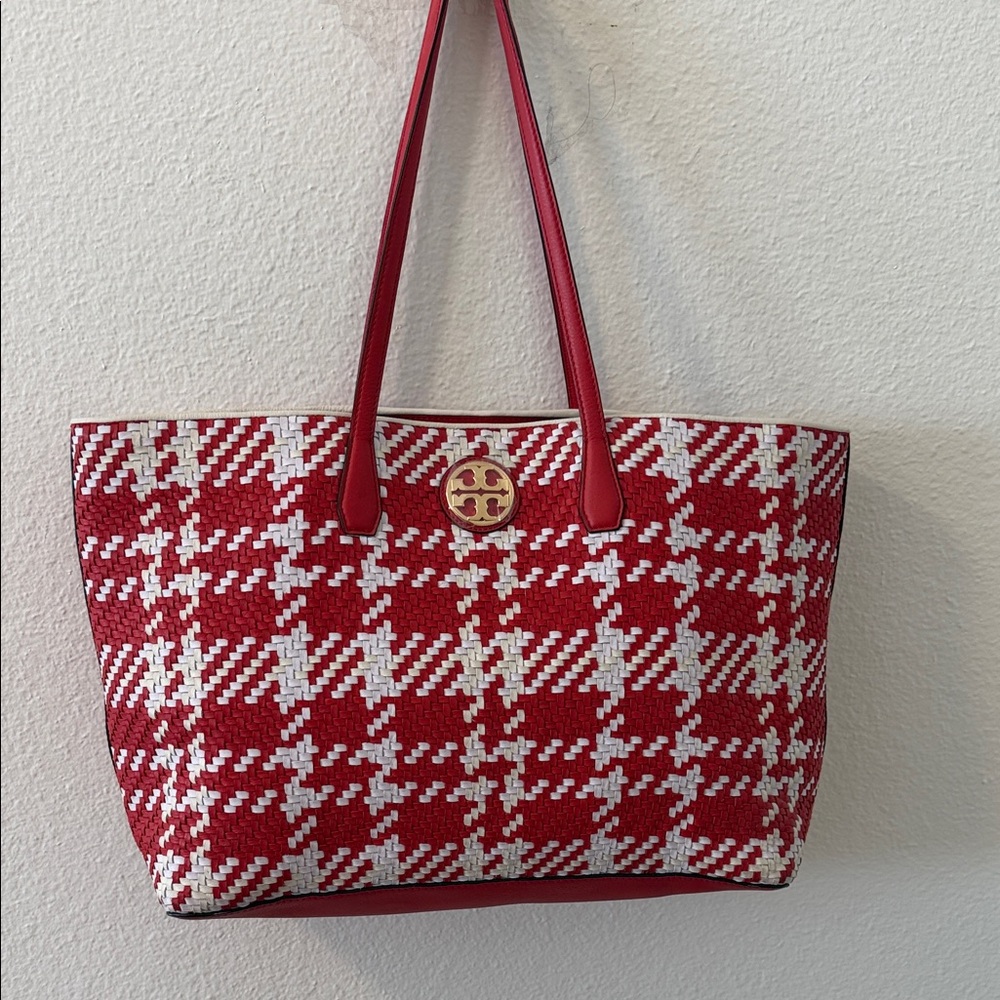 Tory Burch Red and White Checkered Tote